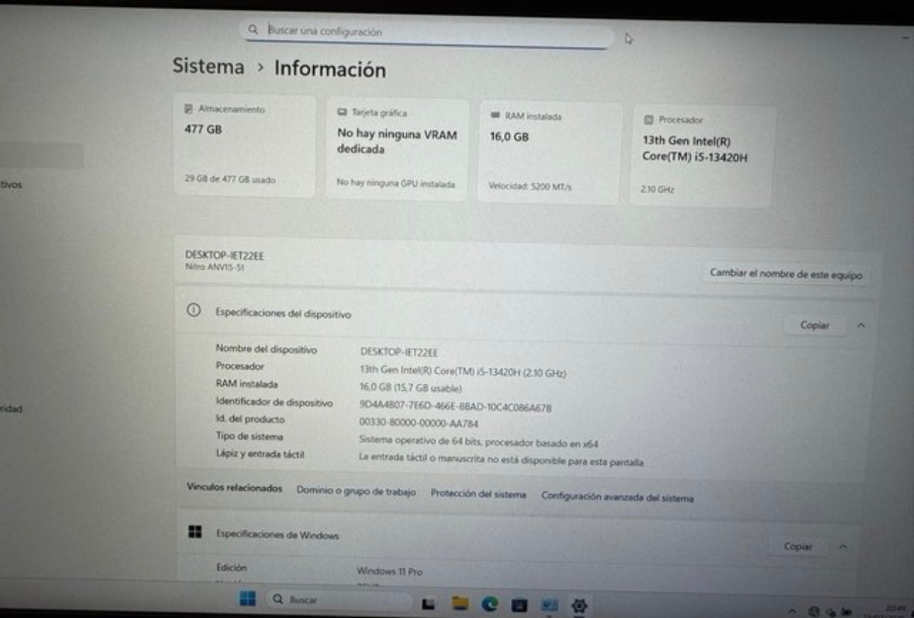 Acer Nitro V 15 ANV15-51-579P Intel Core i5-13420H/16GB/512GB SSD/RTX 4050/15.6"